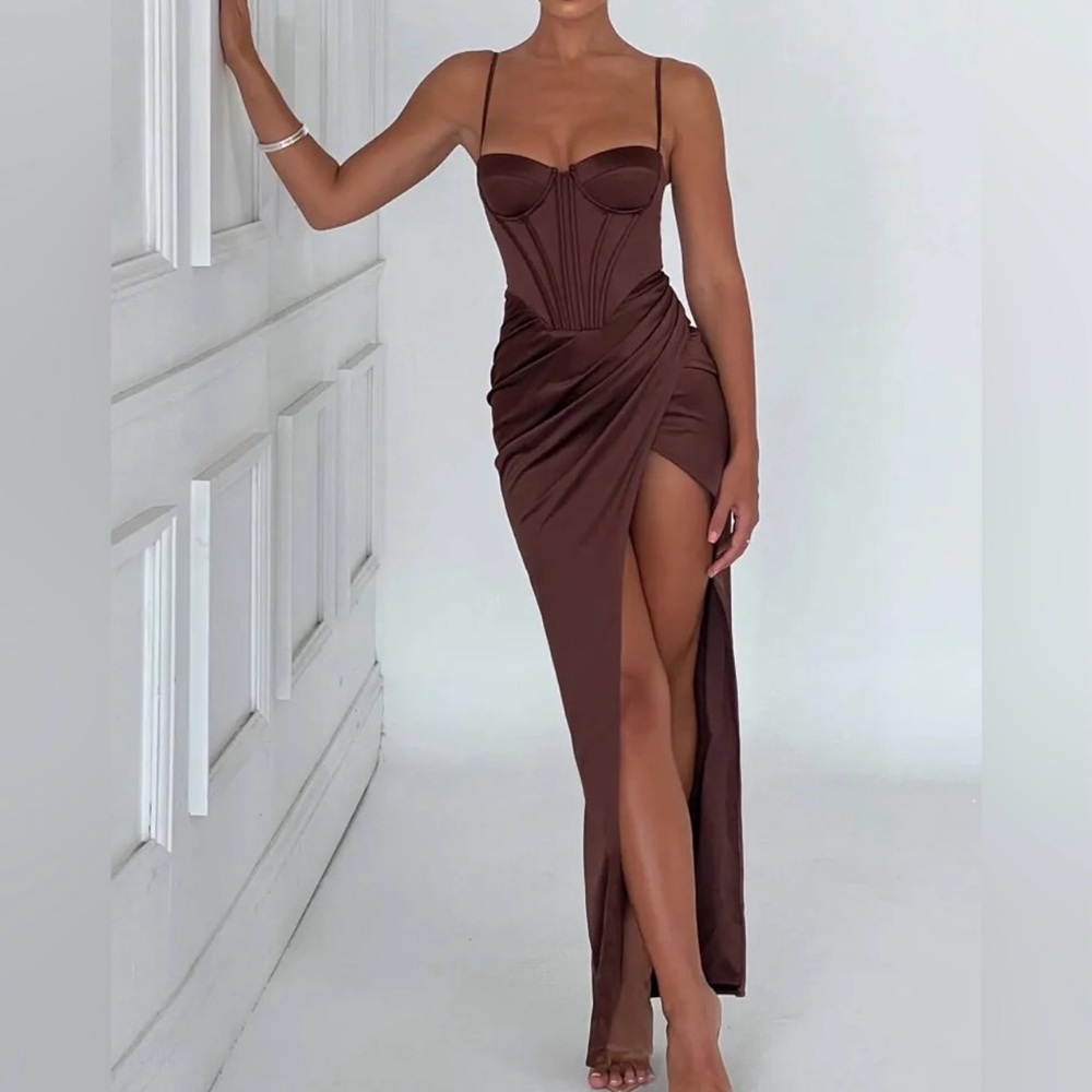 Brown Maxi Bodycon Gown with Spaghetti Straps